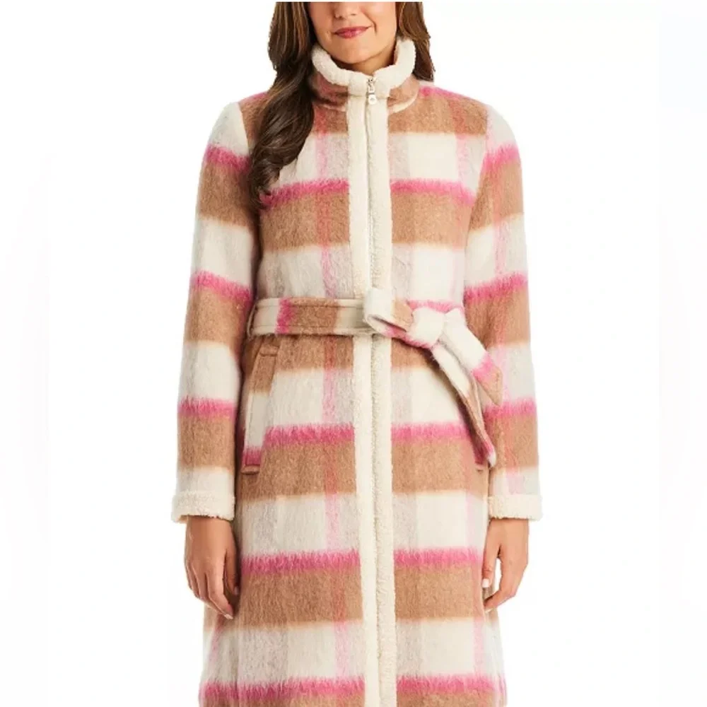 Kate Spade Belted Maxi Wool with Sherpa Detail Buffalo Plaid Coat